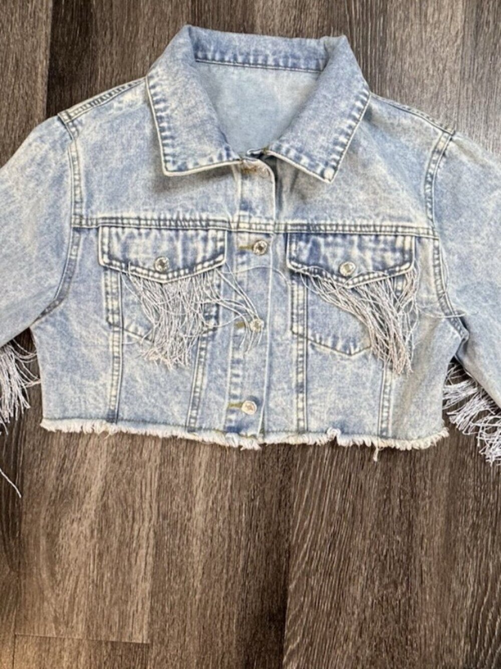 Cropped Denim Jacket with Fringe M NWOT